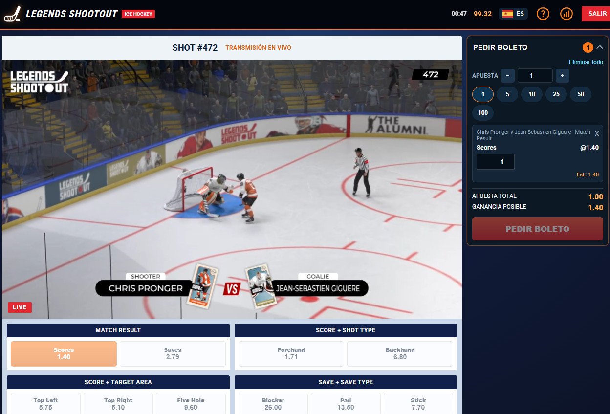 Virtual sports hockey shootout game with real-money betting...