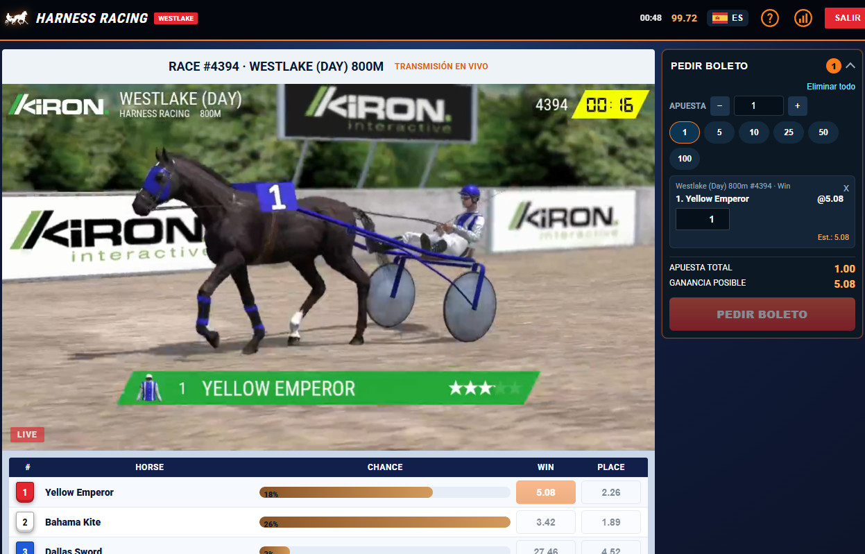 Virtual harness racing with real-money betting.
