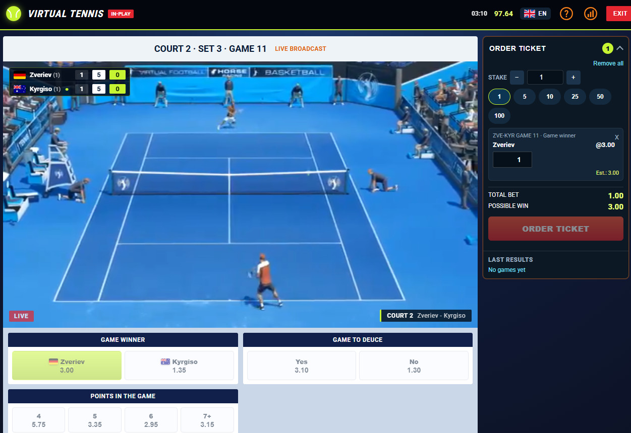 Real tennis matches and virtual sports with real-money betting