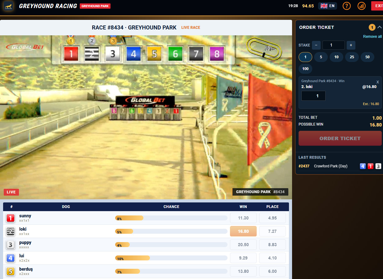 Virtual greyhound racing with real-money betting.